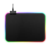 RGB gaming mouse pad modern gaming desk setup. large LED RGB mouse pad anti slip base. RGB mouse pad for keyboard and gaming mouse